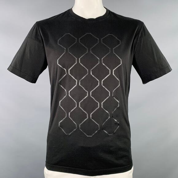 Z ZEGNA Size XL Black Geometric Cotton Crew Neck T-shirt